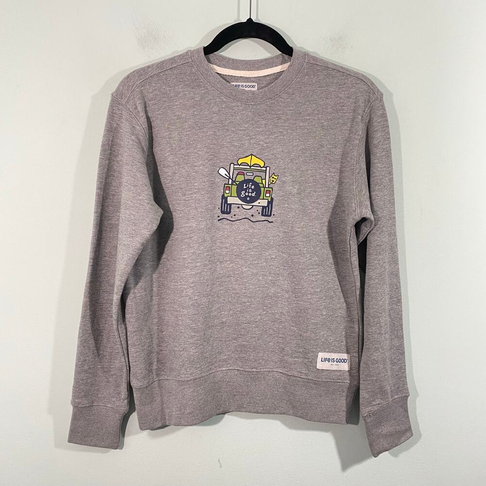 Life Is Good Women Grey "Dog In Jeep" Crew Neck Sweatshirt Size XS
